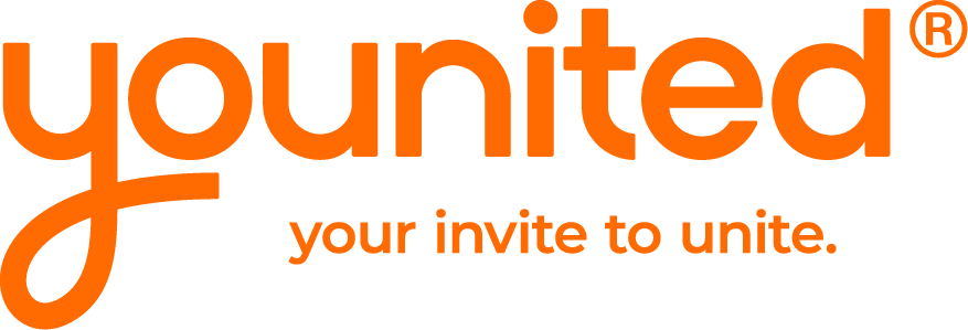 younited® Logo in Orange mit dem Claim your invite to unite.