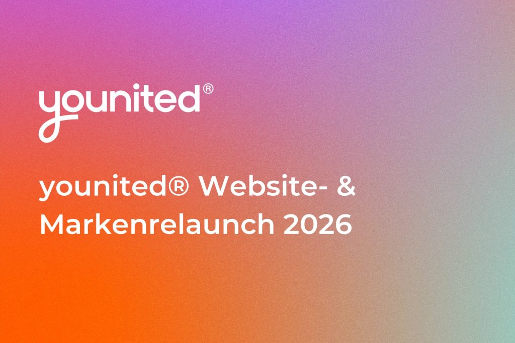 younited® Logo in Weiß auf einem bunten Farbverlauf, darunter der Schriftzug younited® Website- und Markenrelaunch 2026
